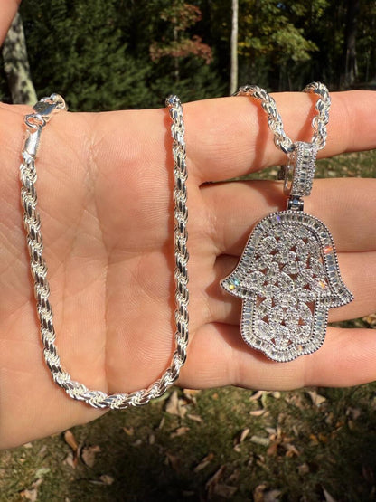 HarlemBling MOISSANITE 100 Evil Eyes Hamsa Hand Iced Out Pendant - 925 Silver - 3 Sizes 1.25"-3"