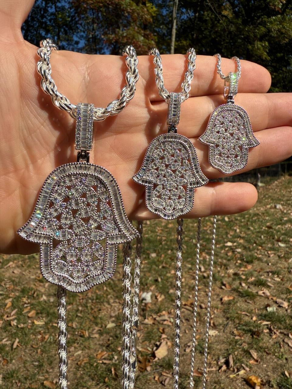 HarlemBling MOISSANITE 100 Evil Eyes Hamsa Hand Iced Out Pendant - 925 Silver - 3 Sizes 1.25"-3"