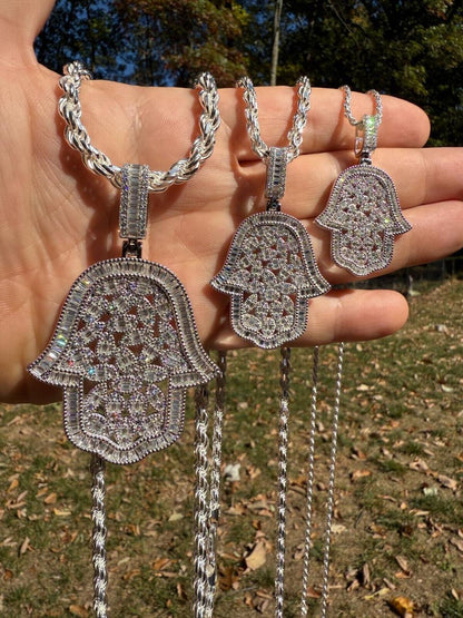 HarlemBling MOISSANITE 100 Evil Eyes Hamsa Hand Iced Out Pendant - 925 Silver - 3 Sizes 1.25"-3"