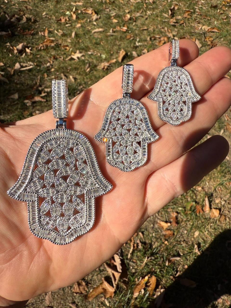 HarlemBling MOISSANITE 100 Evil Eyes Hamsa Hand Iced Out Pendant - 925 Silver - 3 Sizes 1.25"-3"