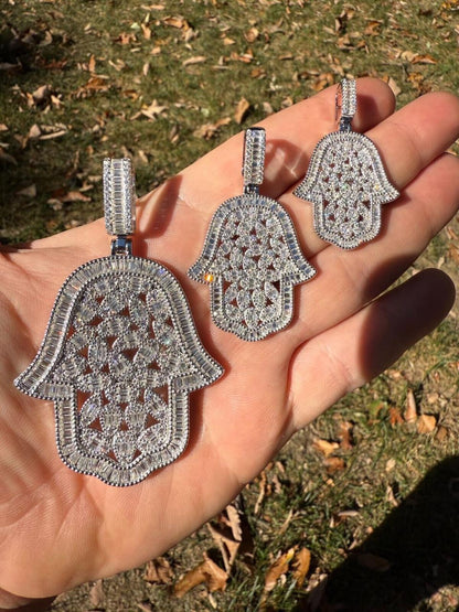 HarlemBling MOISSANITE 100 Evil Eyes Hamsa Hand Iced Out Pendant - 925 Silver - 3 Sizes 1.25"-3"