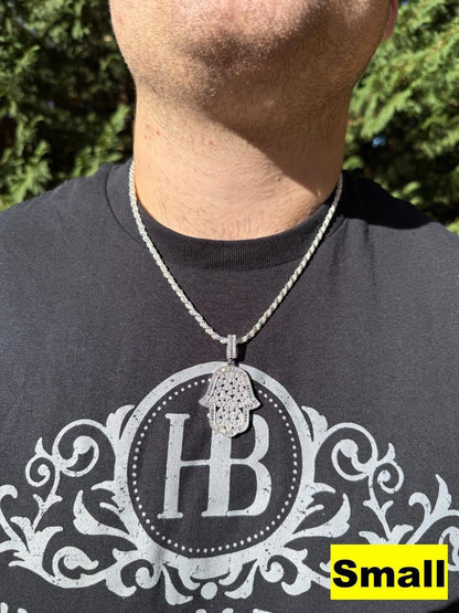 HarlemBling MOISSANITE 100 Evil Eyes Hamsa Hand Iced Out Pendant - 925 Silver - 3 Sizes 1.25"-3"