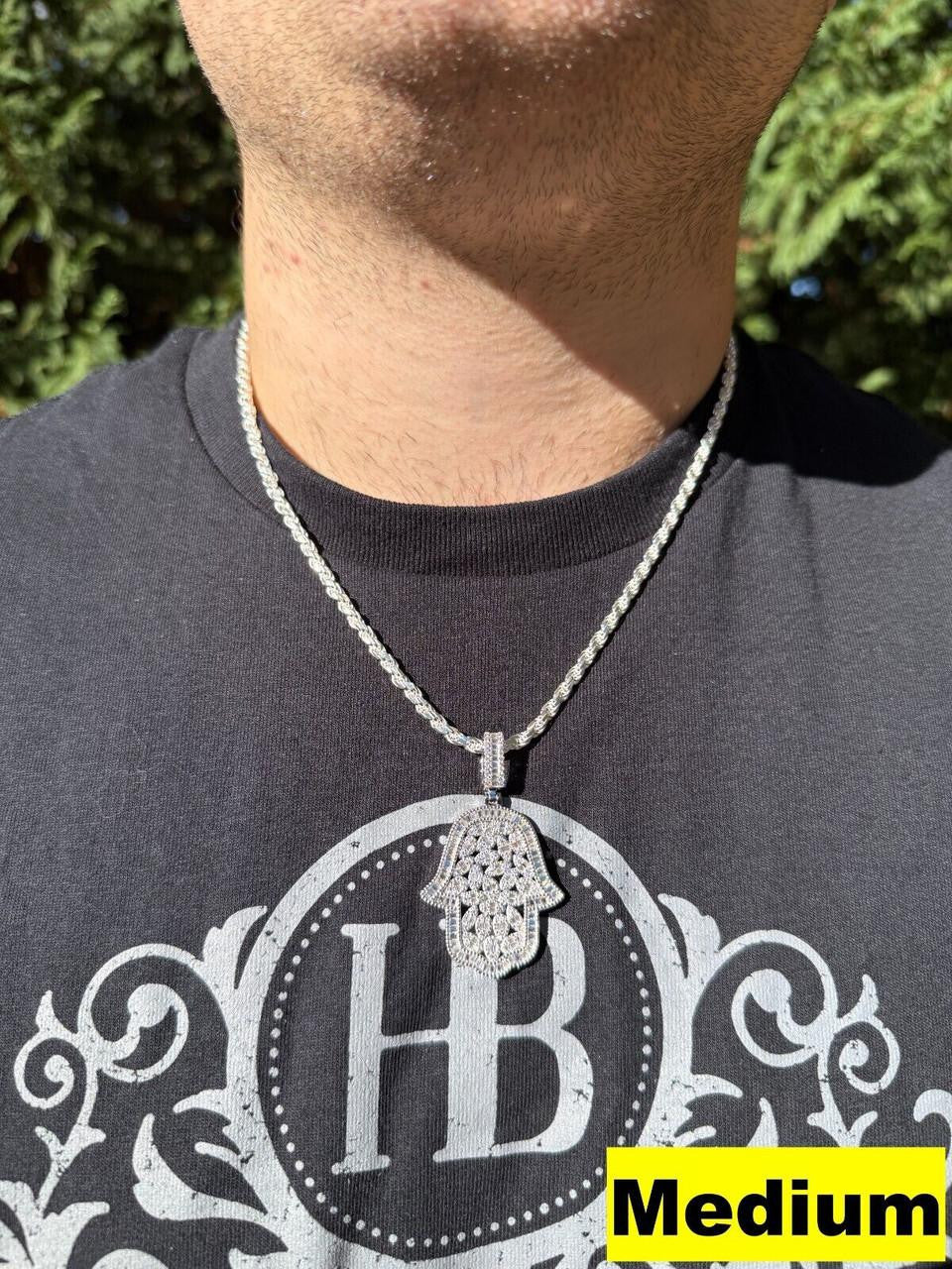 HarlemBling MOISSANITE 100 Evil Eyes Hamsa Hand Iced Out Pendant - 925 Silver - 3 Sizes 1.25"-3"