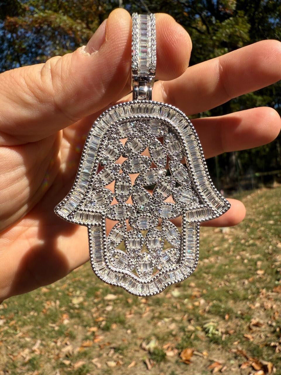 HarlemBling MOISSANITE 100 Evil Eyes Hamsa Hand Iced Out Pendant - 925 Silver - 3 Sizes 1.25"-3"