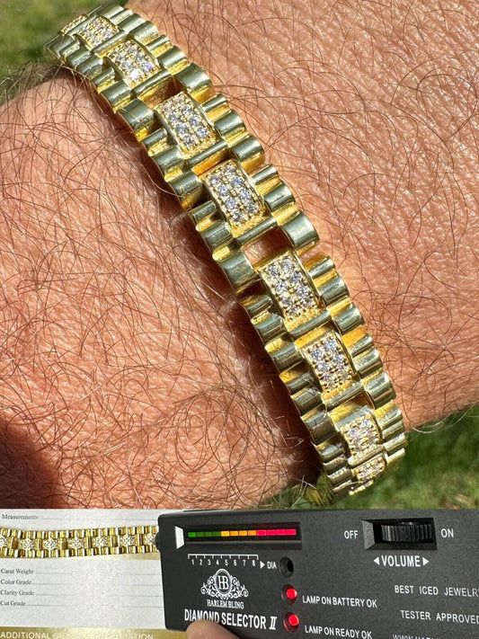 HarlemBling MOISSANITE 10mm Iced Presidential Bracelet Real 14K Gold Over 925 Silver Flooded