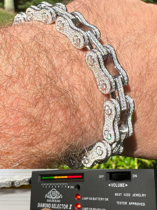 HarlemBling MOISSANITE 12mm Mens 3D Fully Iced Bike Bicycle Link Bracelet Hip Hop 6.5-8.5"