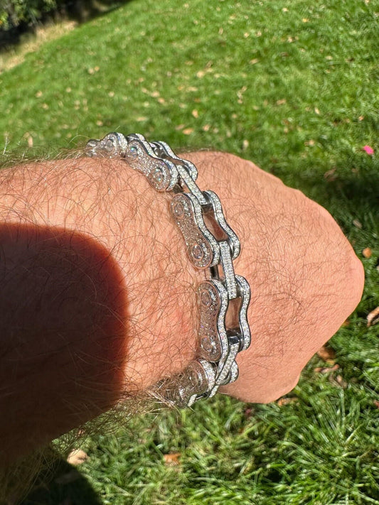 HarlemBling MOISSANITE 12mm Mens 3D Fully Iced Bike Bicycle Link Bracelet Hip Hop 6.5-8.5"