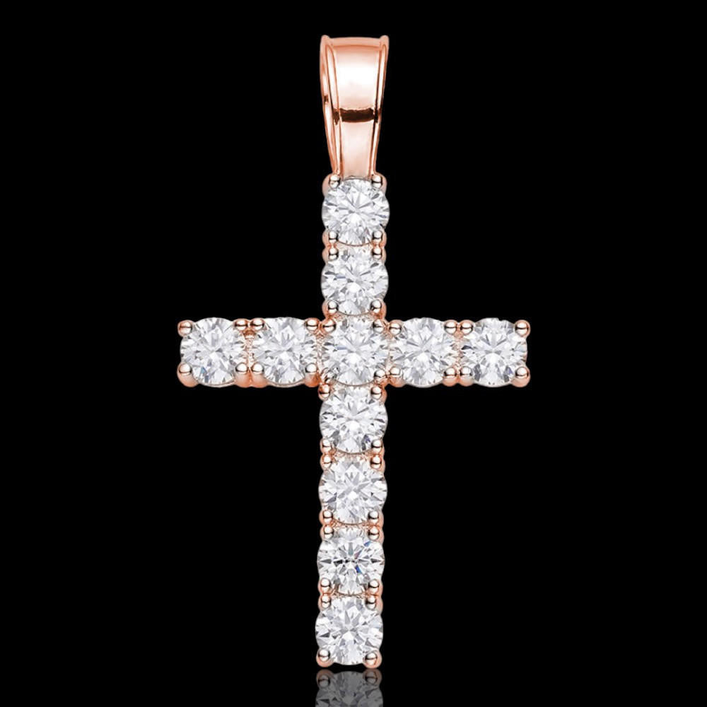 HarlemBling MOISSANITE 14k Rose Gold Cross & Real 925 Silver Iced Pendant Necklace Hip Hop