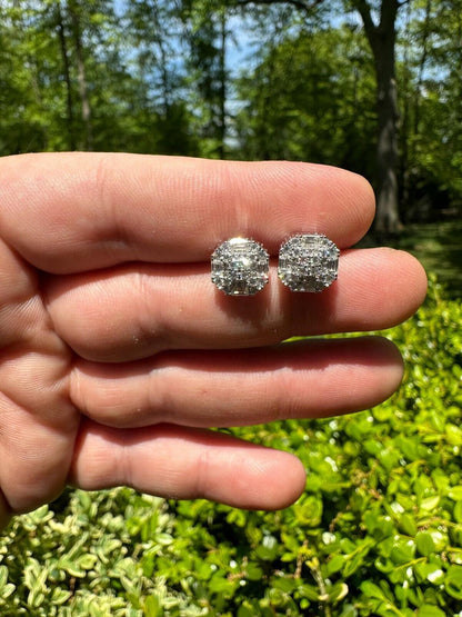 HarlemBling Moissanite 3D Iced 925 Silver Screwback Earrings 10mm Baguette Iced Mens Studs