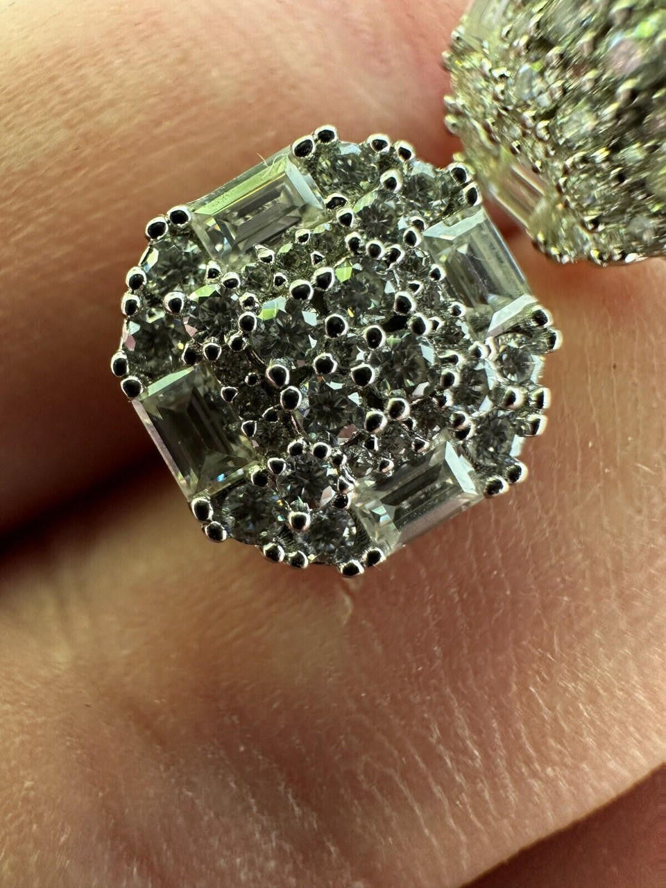 HarlemBling Moissanite 3D Iced 925 Silver Screwback Earrings 10mm Baguette Iced Mens Studs