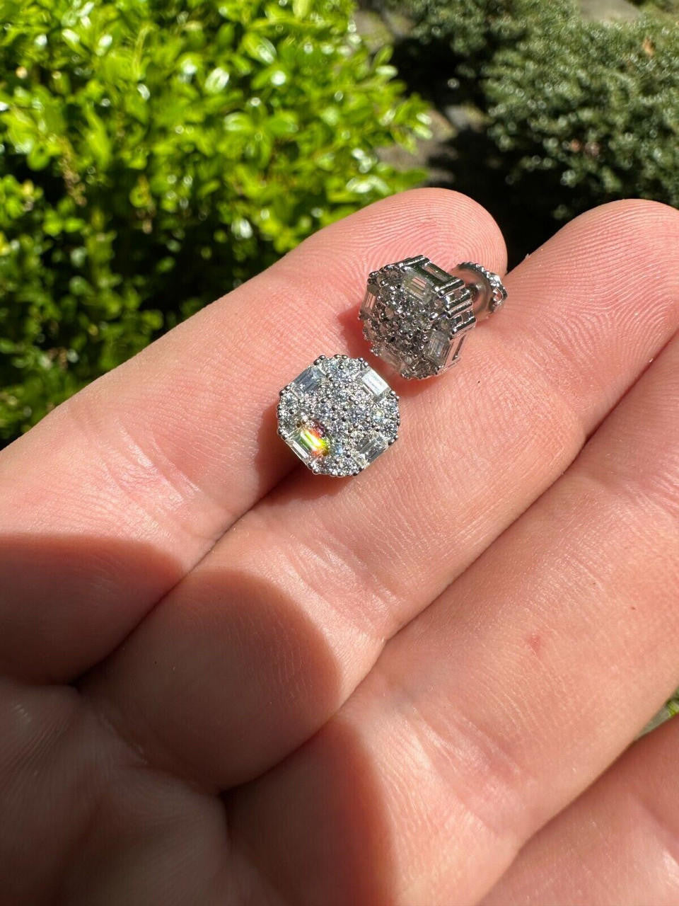 HarlemBling Moissanite 3D Iced 925 Silver Screwback Earrings 10mm Baguette Iced Mens Studs