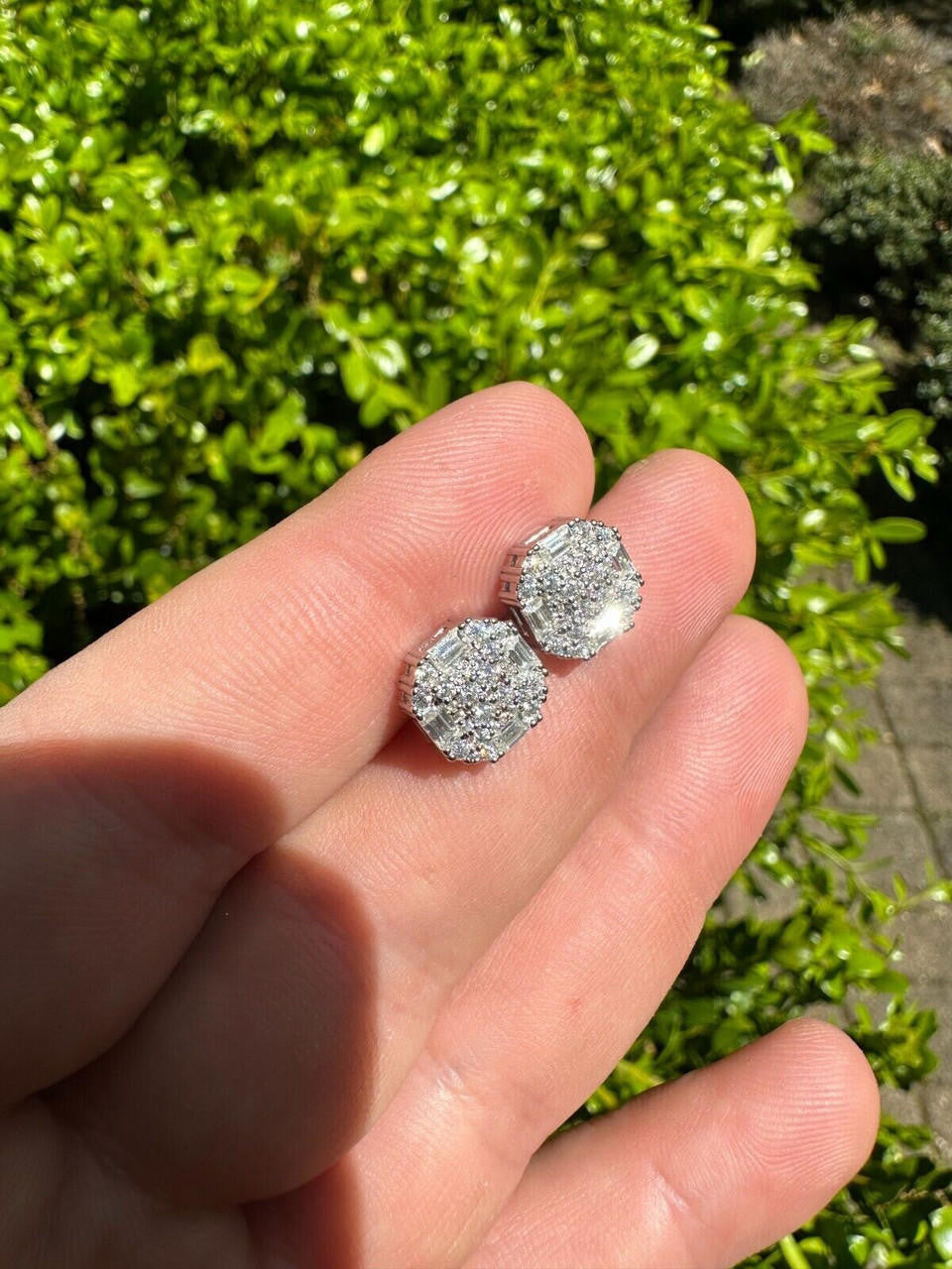 HarlemBling Moissanite 3D Iced 925 Silver Screwback Earrings 10mm Baguette Iced Mens Studs