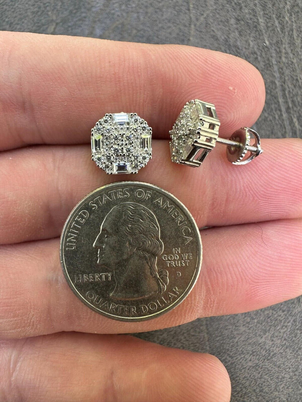 HarlemBling Moissanite 3D Iced 925 Silver Screwback Earrings 10mm Baguette Iced Mens Studs