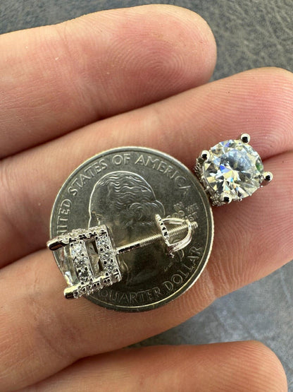 HarlemBling Moissanite 3D Iced Prong Solitaire Screwback Large Stud Earrings 925 Silver 8mm