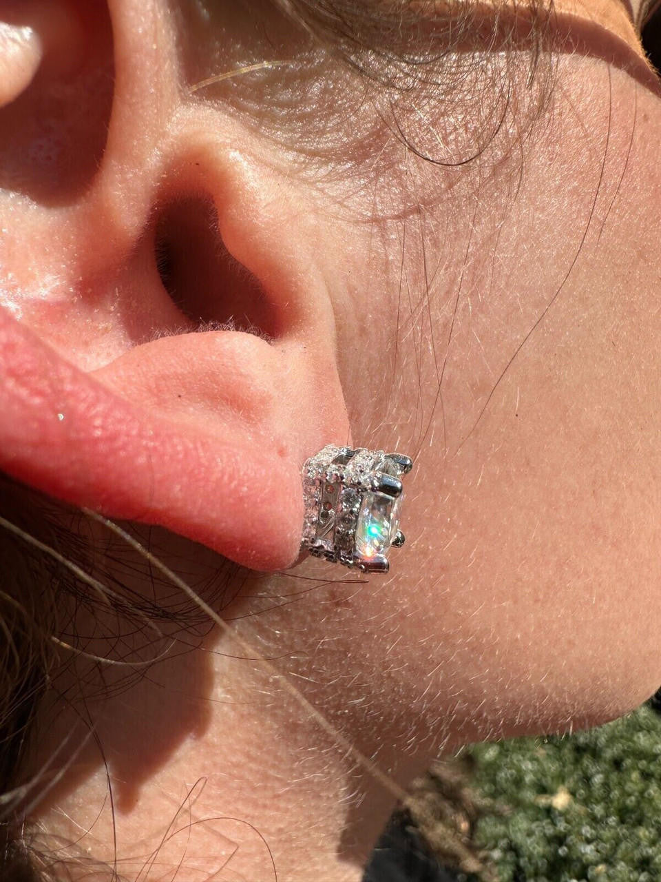 HarlemBling Moissanite 3D Iced Prong Solitaire Screwback Large Stud Earrings 925 Silver 8mm