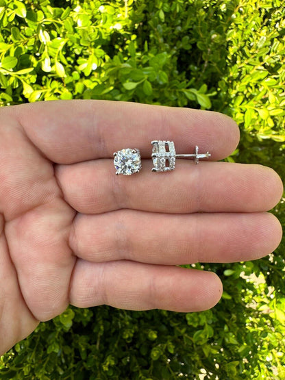 HarlemBling Moissanite 3D Iced Prong Solitaire Screwback Large Stud Earrings 925 Silver 8mm