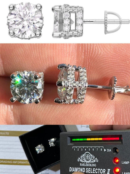 HarlemBling Moissanite 3D Iced Prong Solitaire Screwback Large Stud Earrings 925 Silver 8mm
