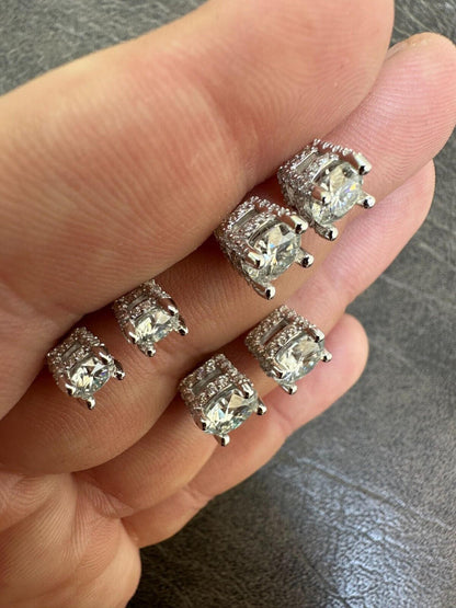 HarlemBling Moissanite 3D Iced Prong Solitaire Screwback Studs Earrings Real 925 Silver
