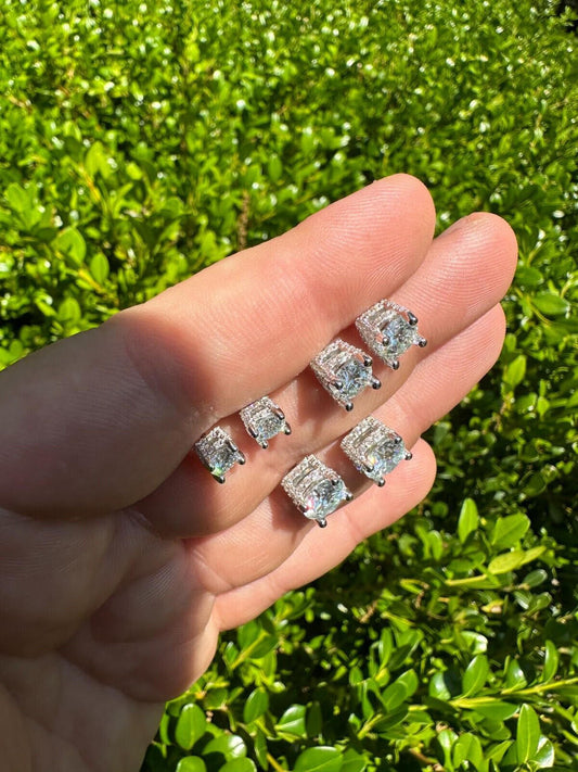 HarlemBling Moissanite 3D Iced Prong Solitaire Screwback Studs Earrings Real 925 Silver