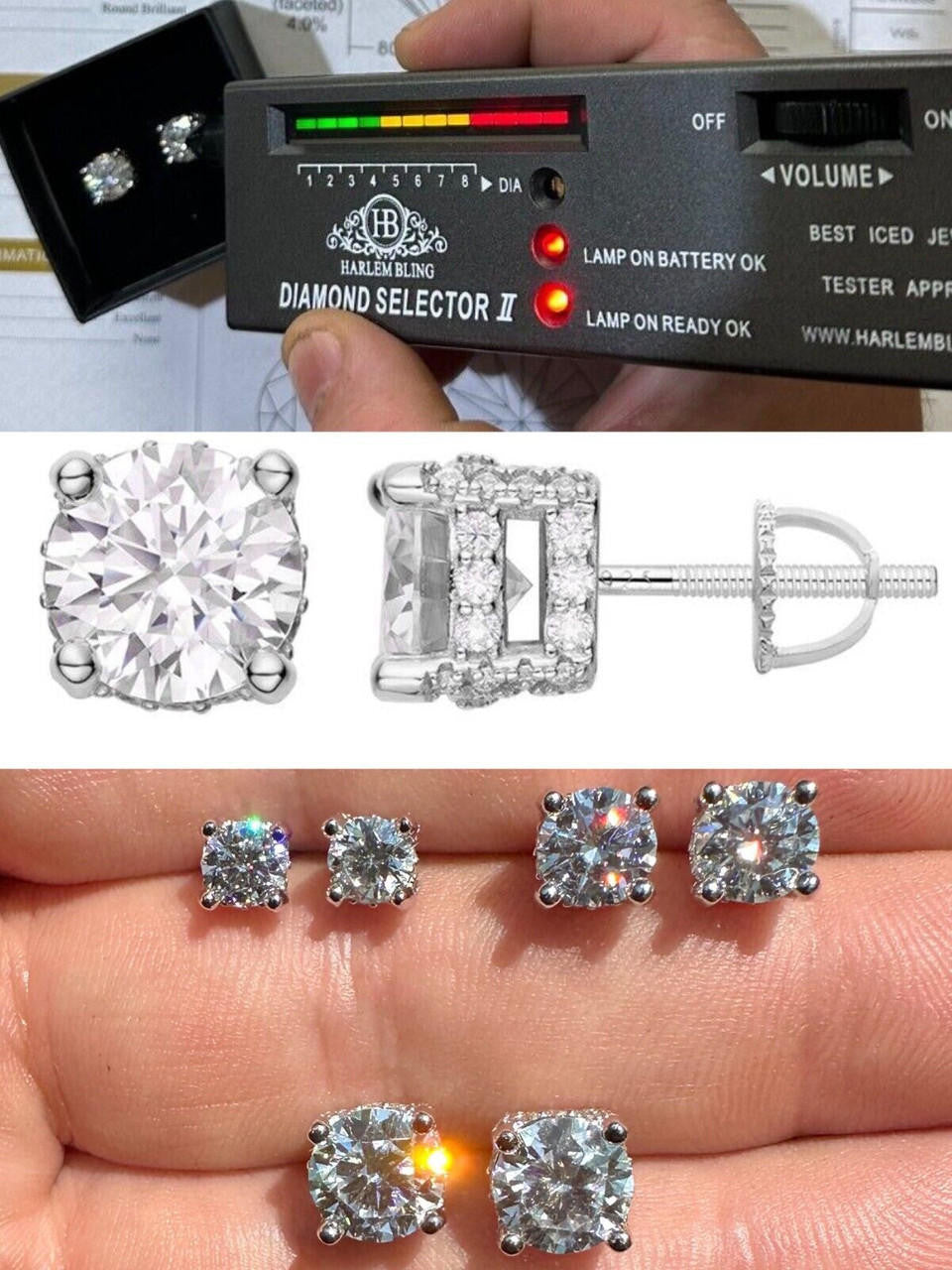 HarlemBling Moissanite 3D Iced Prong Solitaire Screwback Studs Earrings Real 925 Silver