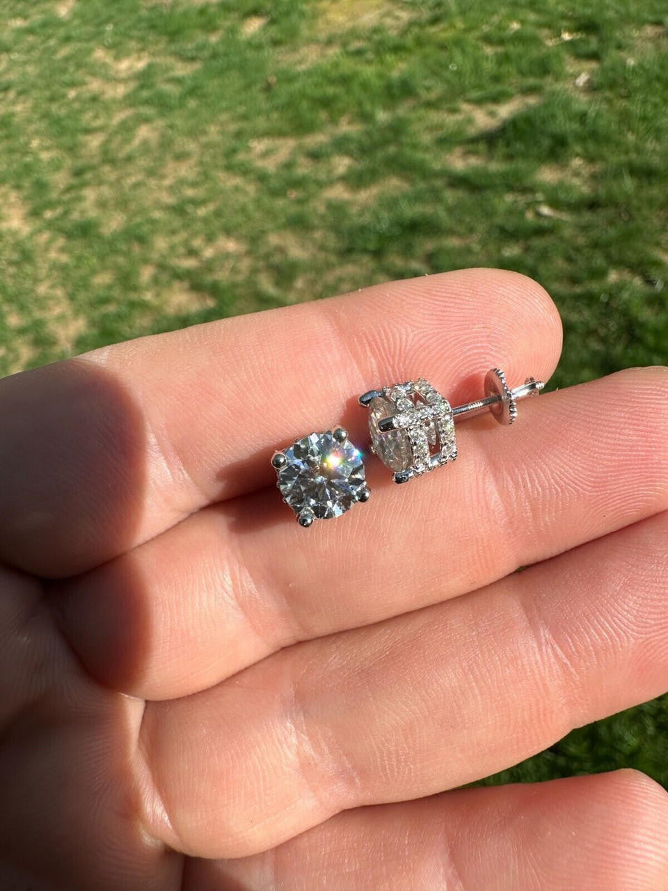 HarlemBling Moissanite 3D Iced Prong Solitaire Screwback Studs Earrings Real 925 Silver