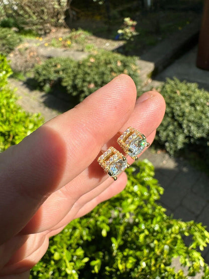 HarlemBling Moissanite 3D Iced Prong Solitaire Stud Earrings 14k Gold Plated 925 Silver 8mm