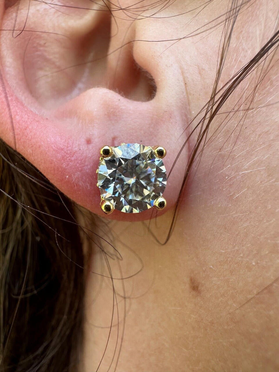 HarlemBling Moissanite 3D Iced Prong Solitaire Stud Earrings 14k Gold Plated 925 Silver 8mm