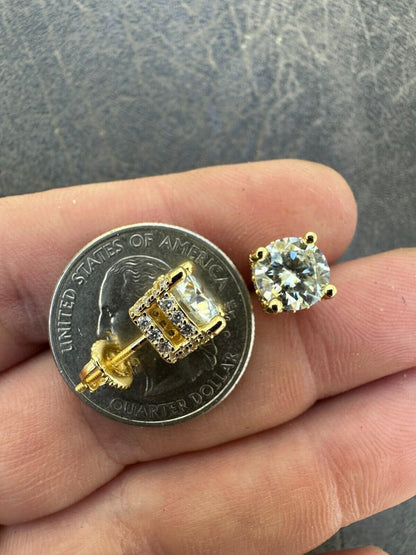 HarlemBling Moissanite 3D Iced Prong Solitaire Stud Earrings 14k Gold Plated 925 Silver 8mm