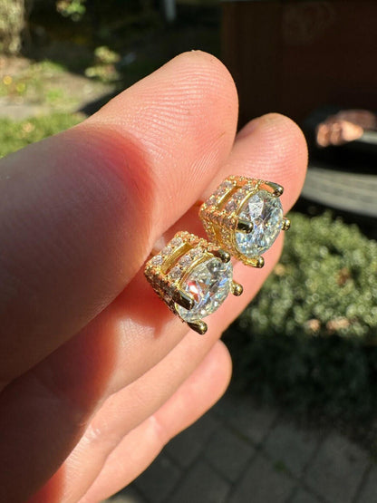 HarlemBling Moissanite 3D Iced Prong Solitaire Stud Earrings 14k Gold Plated 925 Silver 8mm