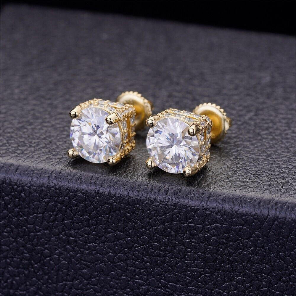 HarlemBling Moissanite 3D Iced Prong Solitaire Stud Earrings 14k Gold Plated 925 Silver 8mm