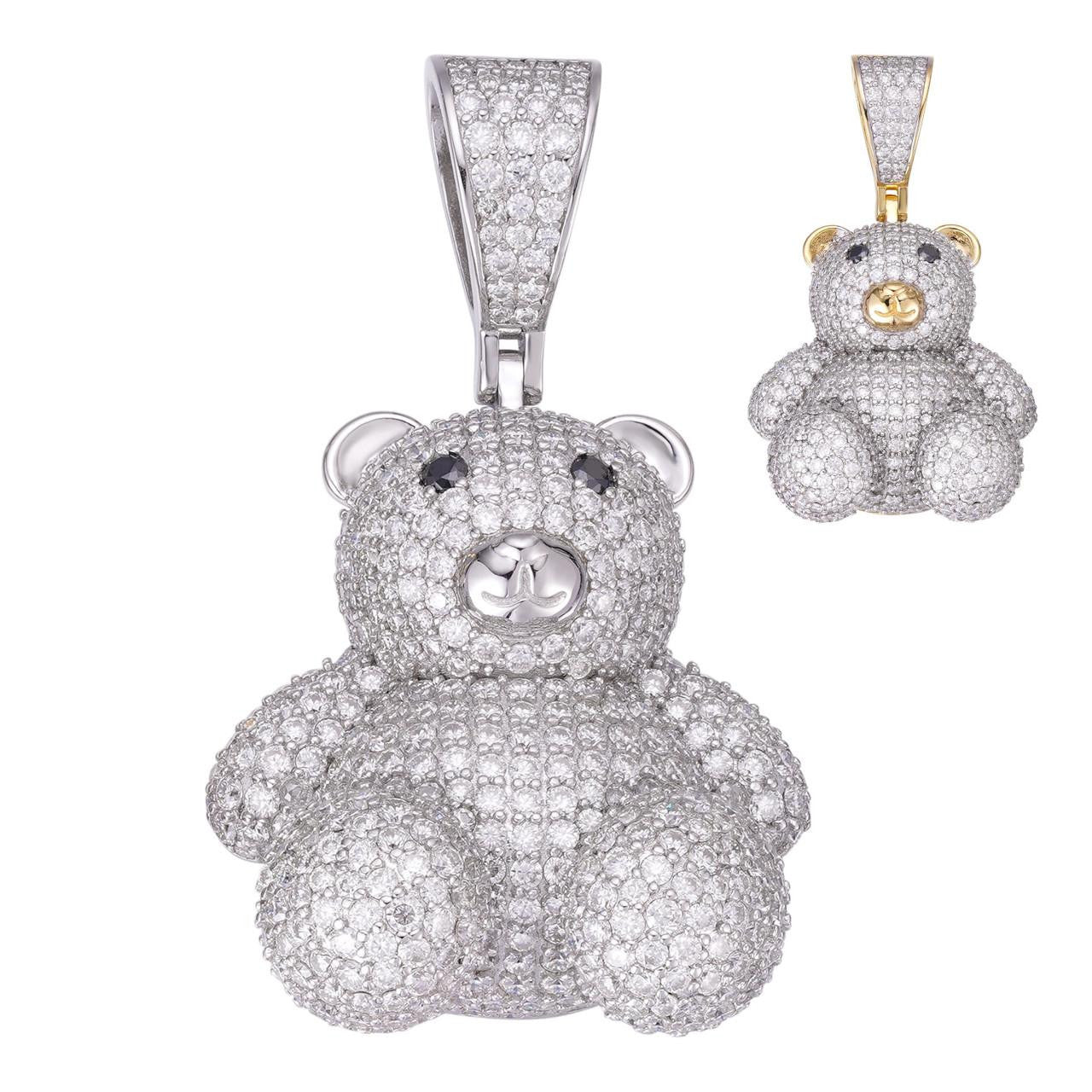 HarlemBling MOISSANITE 3D Teddy Bear Iced Out Pendant - 14k Gold Vermeil Or 925 Silver - Medium 2"
