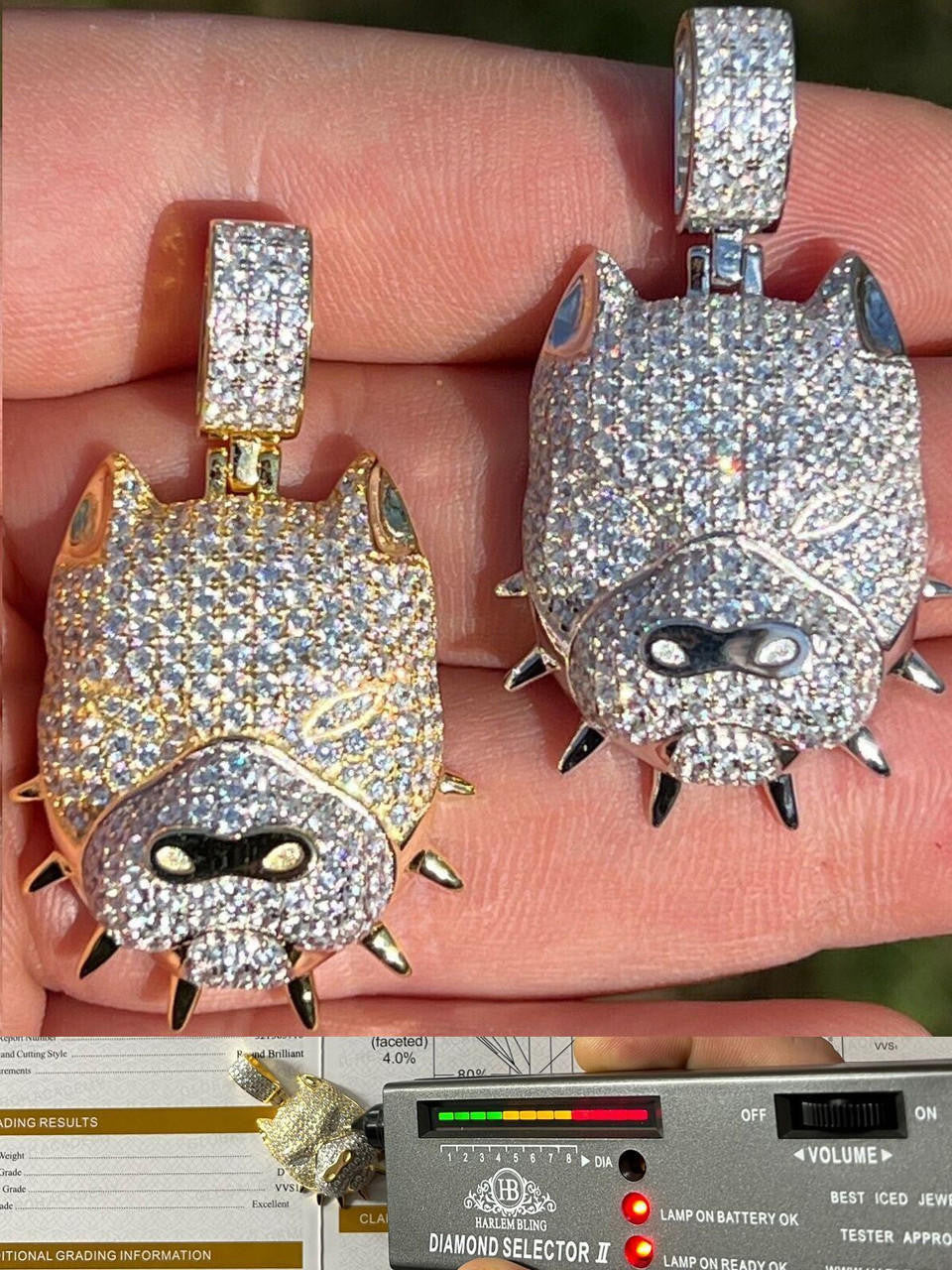 HarlemBling Moissanite 925 Silver / 14k Gold Pitbull Dog Pendant Necklace Pass Diamond Test