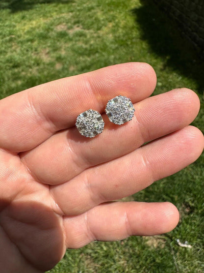 HarlemBling Moissanite 925 Silver 14k Gold Plated Ice Screwback Earrings 10mm Baguette Studs