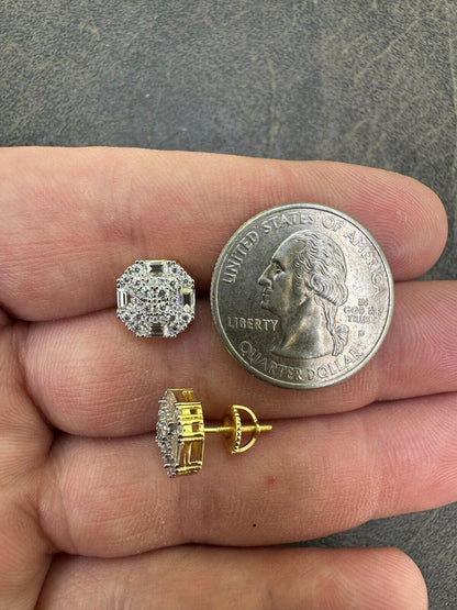 HarlemBling Moissanite 925 Silver 14k Gold Plated Ice Screwback Earrings 10mm Baguette Studs