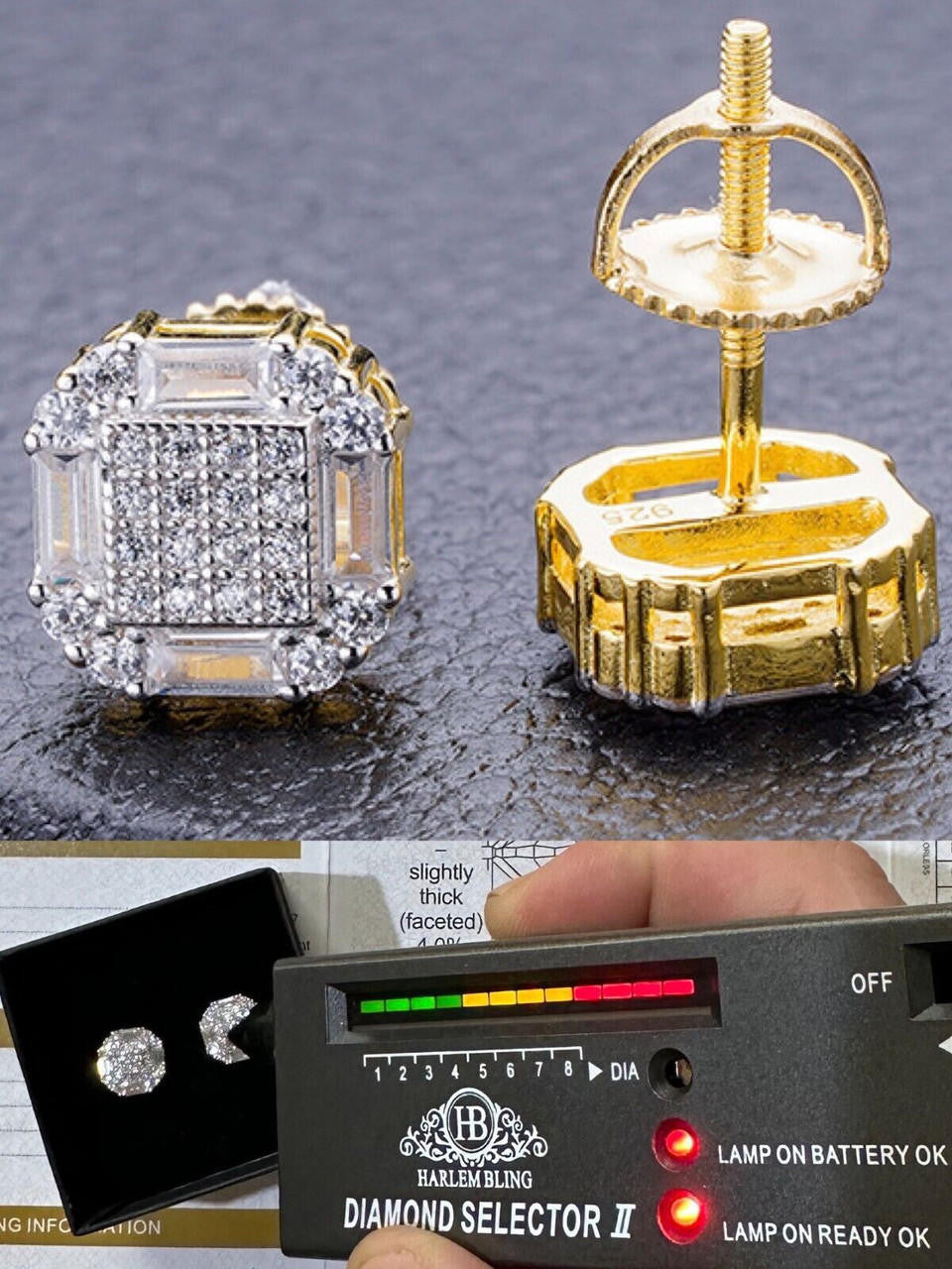 HarlemBling Moissanite 925 Silver 14k Gold Plated Ice Screwback Earrings 10mm Baguette Studs