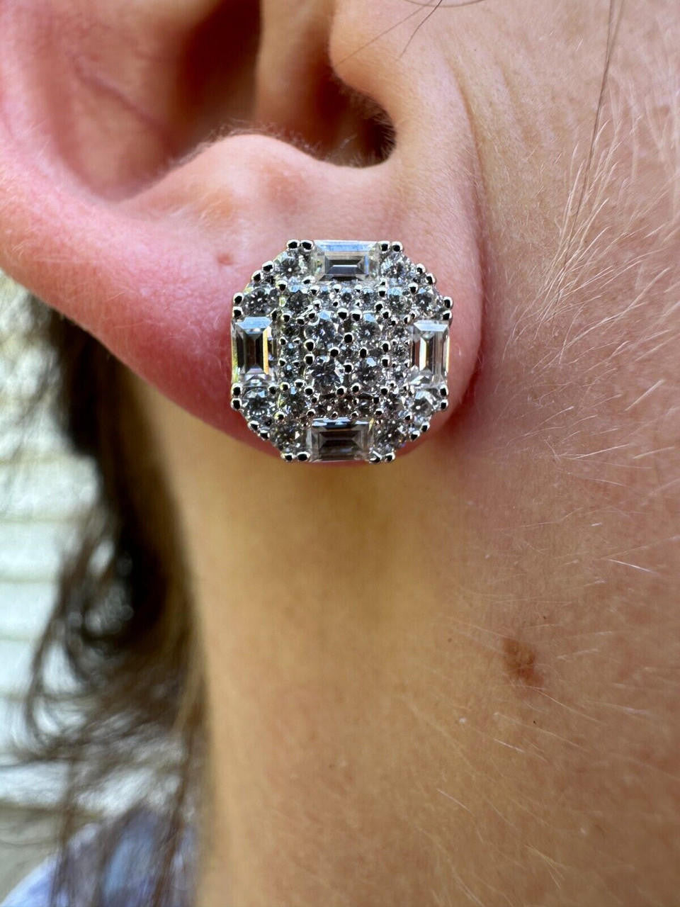 HarlemBling Moissanite 925 Silver 14k Gold Plated Ice Screwback Earrings 10mm Baguette Studs