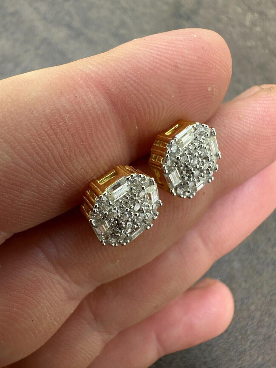 HarlemBling Moissanite 925 Silver 14k Gold Plated Ice Screwback Earrings 10mm Baguette Studs