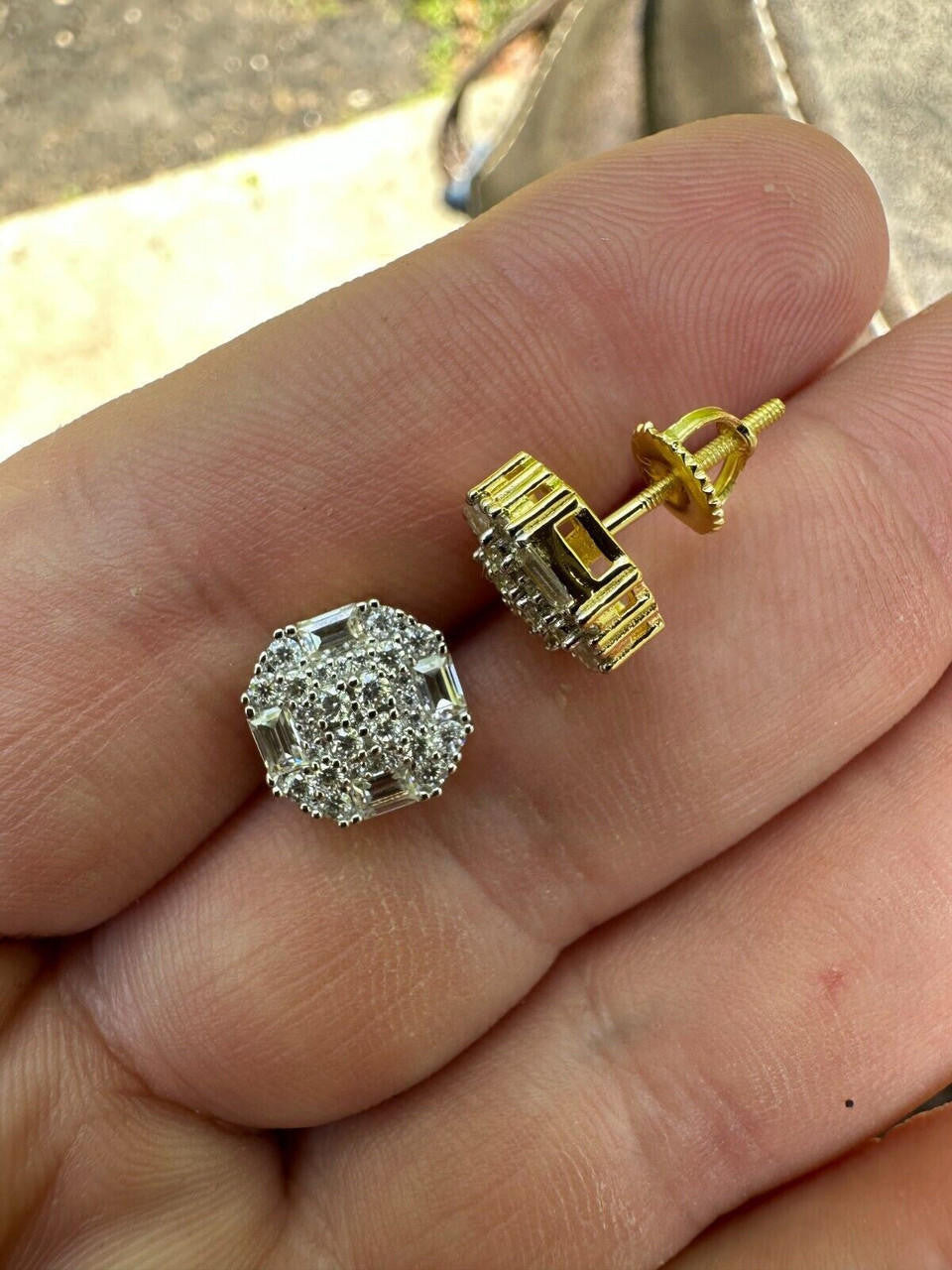 HarlemBling Moissanite 925 Silver 14k Gold Plated Ice Screwback Earrings 10mm Baguette Studs