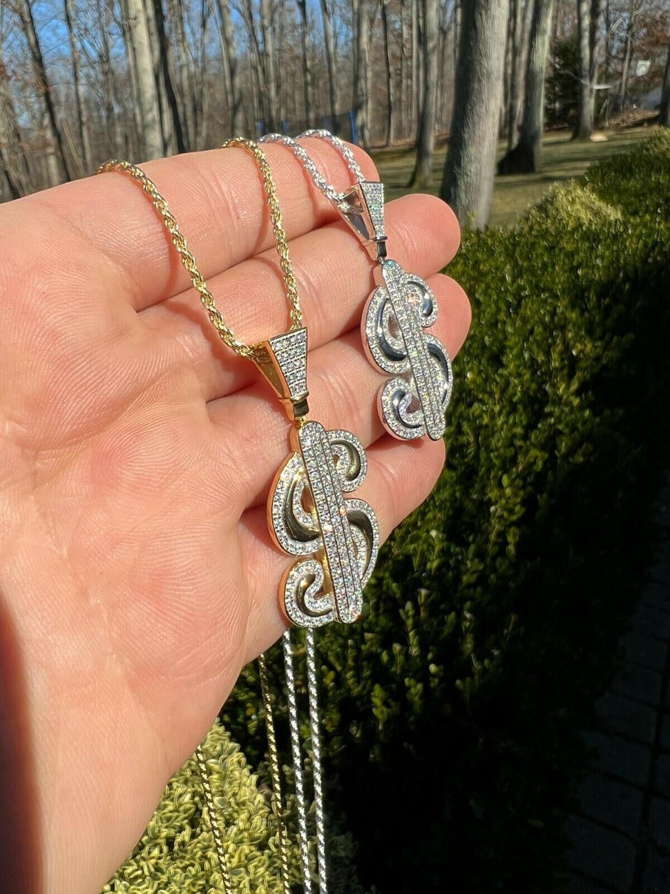 HarlemBling MOISSANITE 925 Silver Bling Iced Dollar dollar Sign Money Hip Hop Pendant Necklace