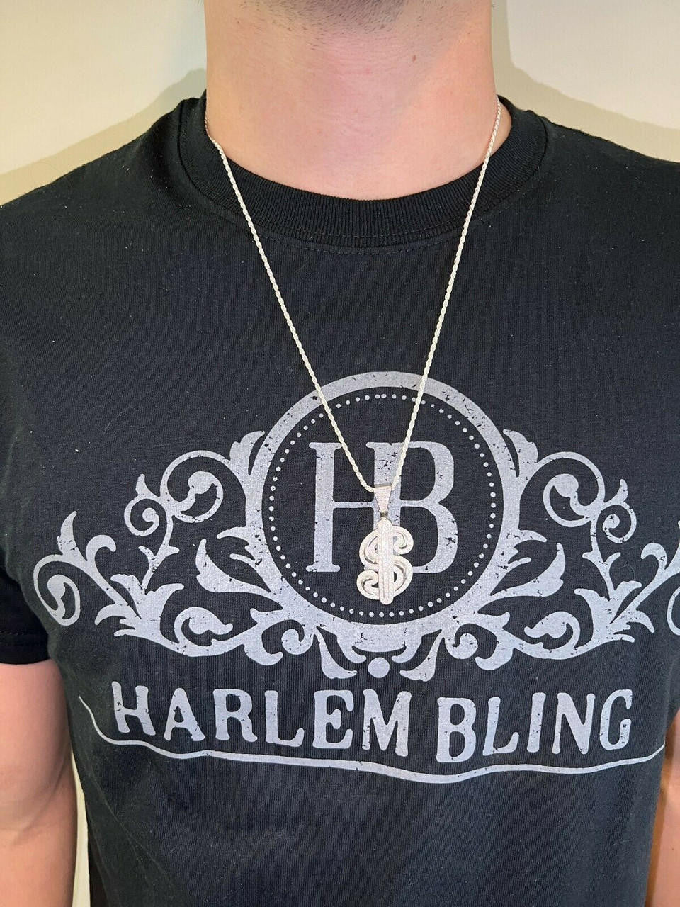 HarlemBling MOISSANITE 925 Silver Bling Iced Dollar dollar Sign Money Hip Hop Pendant Necklace