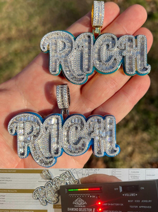 HarlemBling MOISSANITE 925 Silver / Gold Plated Iced Baguette Hip Hop RICH Necklace Pendant