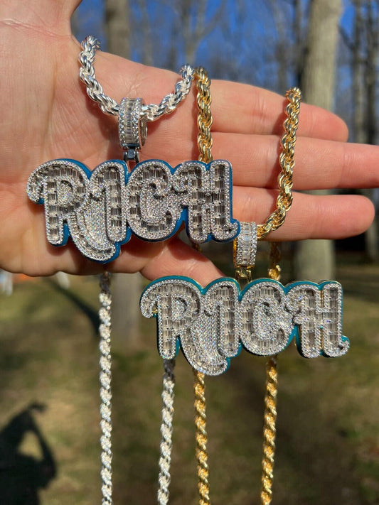 HarlemBling MOISSANITE 925 Silver / Gold Plated Iced Baguette Hip Hop RICH Necklace Pendant