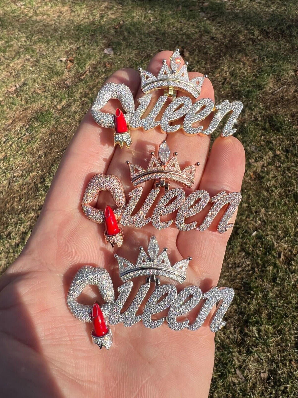 HarlemBling MOISSANITE 925 Silver/Gold/Rose Iced Queen W. Crown & Lipstick Pendant Necklace