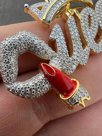 HarlemBling MOISSANITE 925 Silver/Gold/Rose Iced Queen W. Crown & Lipstick Pendant Necklace