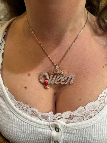 HarlemBling MOISSANITE 925 Silver/Gold/Rose Iced Queen W. Crown & Lipstick Pendant Necklace