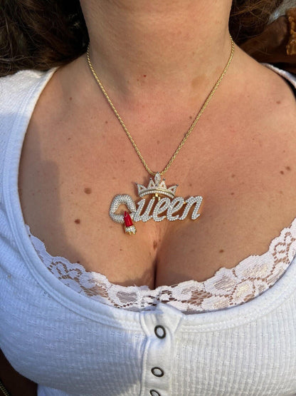 HarlemBling MOISSANITE 925 Silver/Gold/Rose Iced Queen W. Crown & Lipstick Pendant Necklace