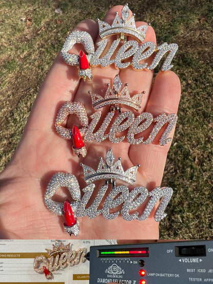 HarlemBling MOISSANITE 925 Silver/Gold/Rose Iced Queen W. Crown & Lipstick Pendant Necklace