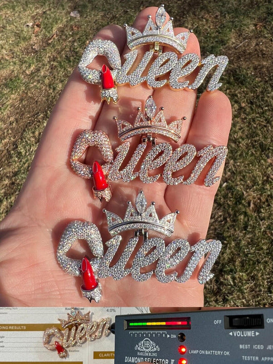 HarlemBling MOISSANITE 925 Silver/Gold/Rose Iced Queen W. Crown & Lipstick Pendant Necklace