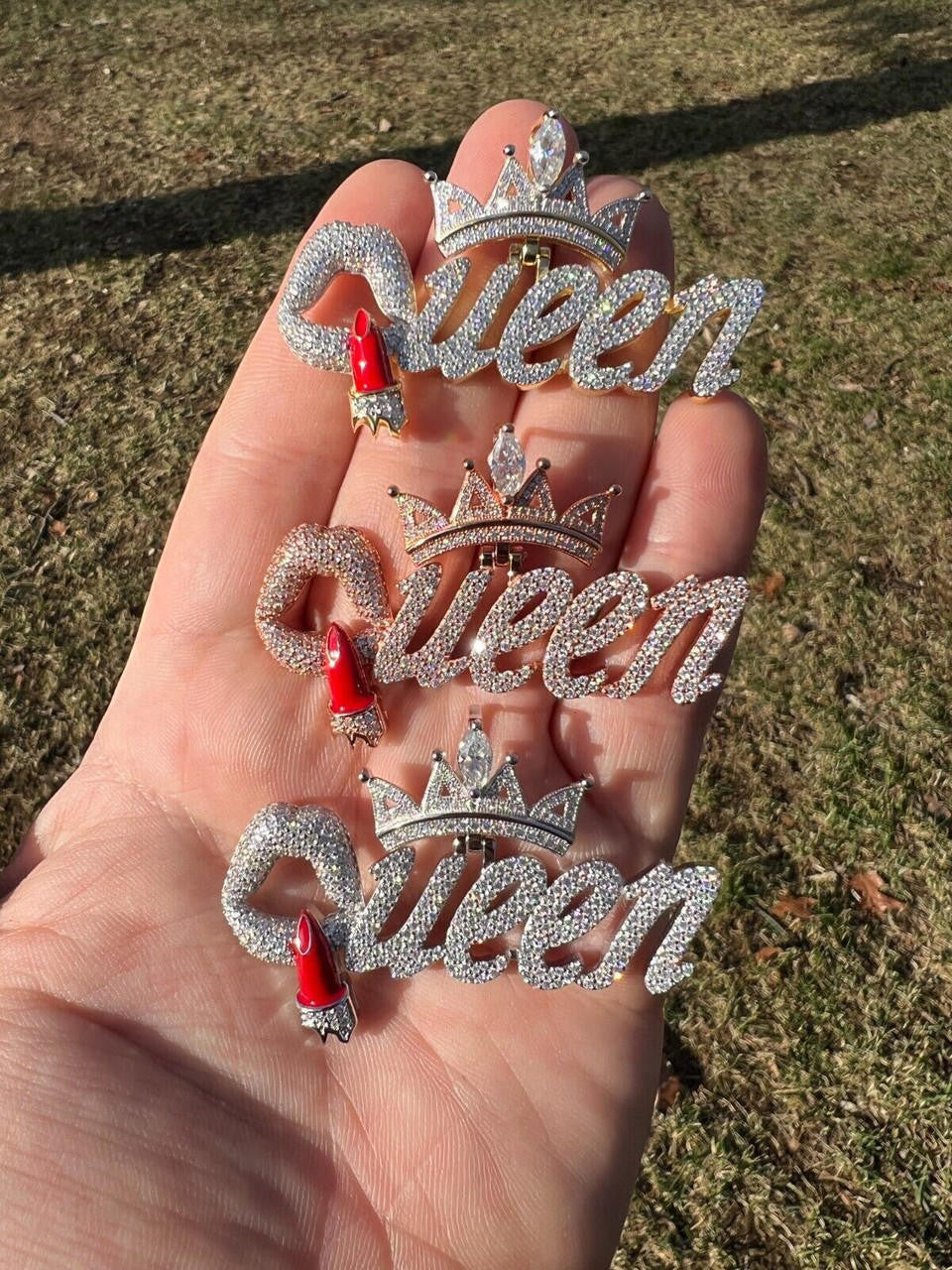 HarlemBling MOISSANITE 925 Silver/Gold/Rose Iced Queen W. Crown & Lipstick Pendant Necklace