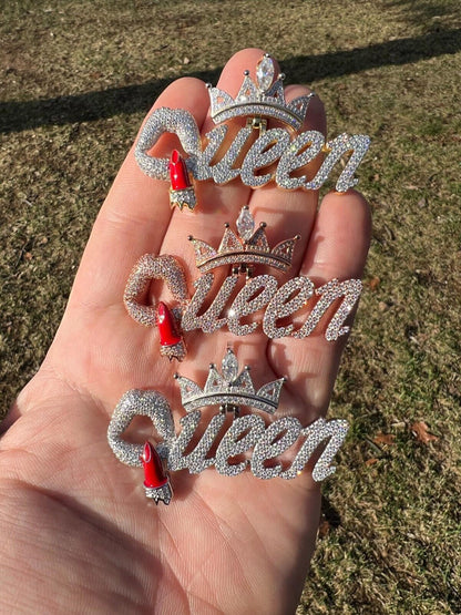 HarlemBling MOISSANITE 925 Silver/Gold/Rose Iced Queen W. Crown & Lipstick Pendant Necklace